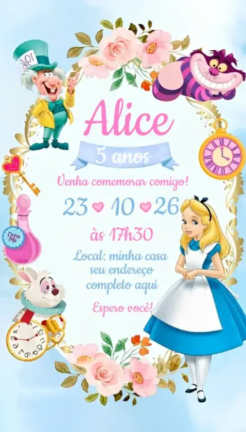 Convite Convite Alice no País das Maravilhas – tema Aniversário colorido, lúdico, fantasia, vintage, ilustrações infantis, temático