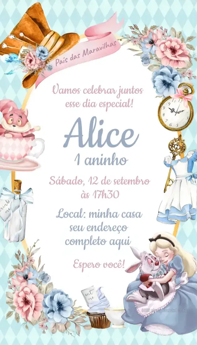 Convite Convite Alice no País das Maravilhas – tema Aniversário fantasia, colorido, ilustração lúdica, vintage, sonhador, mágico