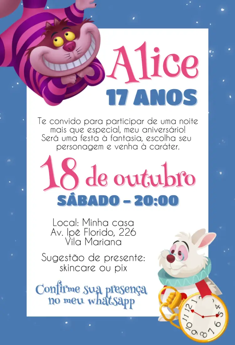Convite Alice no país das maravilhas