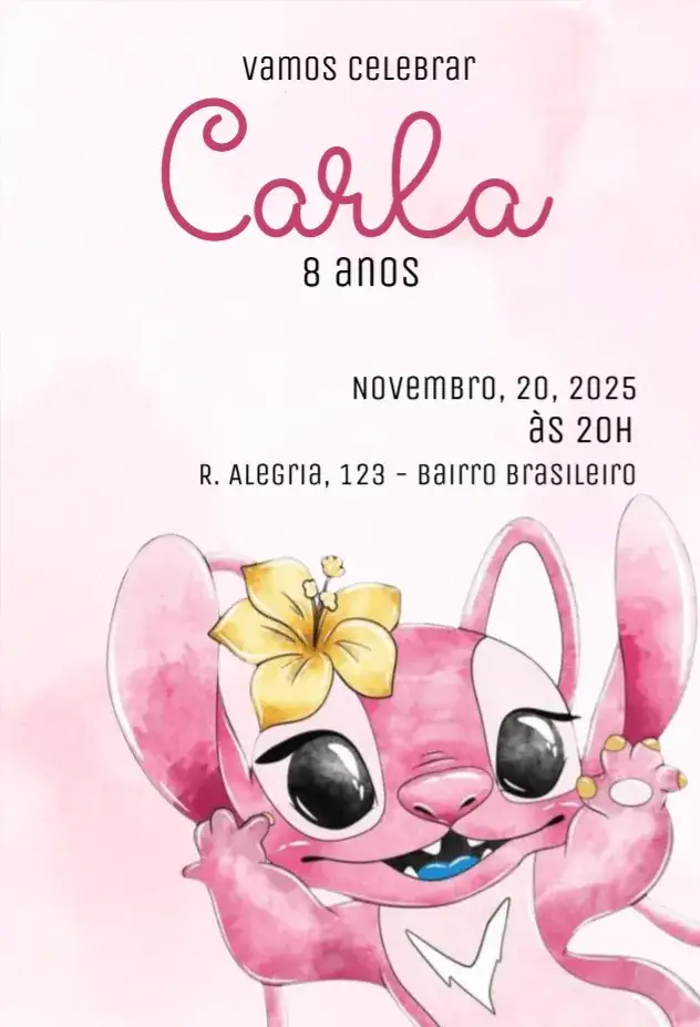 Invitación Convite Angel Lilo Stitch Aquarela Rosa – tema Aniversário Infantil aquarela, rosa, infantil, festa temática, Disney