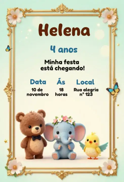 Convite Convite Animais Fofos – tema Aniversário Infantil colorido, lúdico, divertido, ilustrações fofas, natureza, vibrante