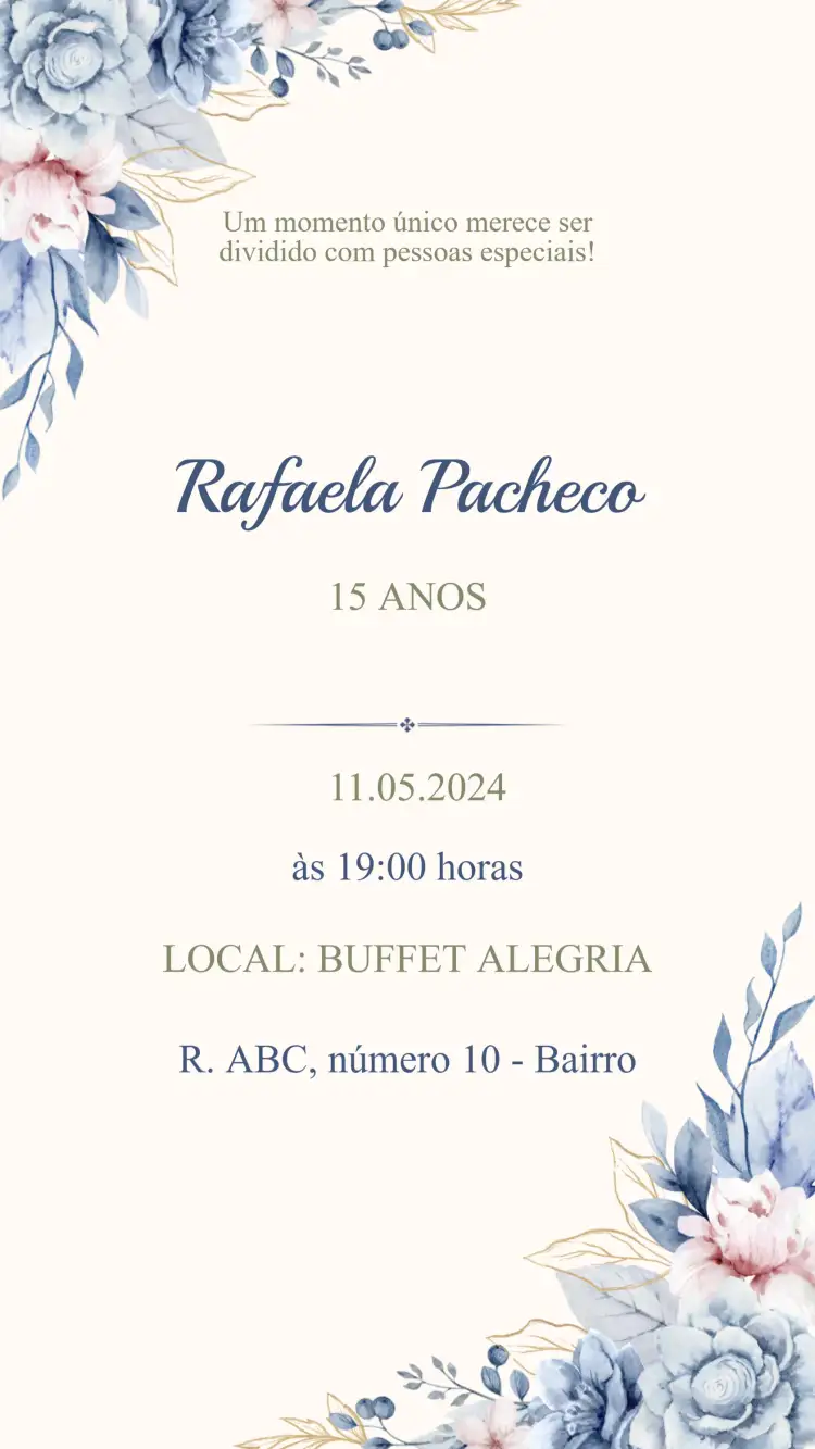 Convite Convite Aniversário 15 Anos – tema 15 anos moderno, elegante, dourado, floral, vintage, boho