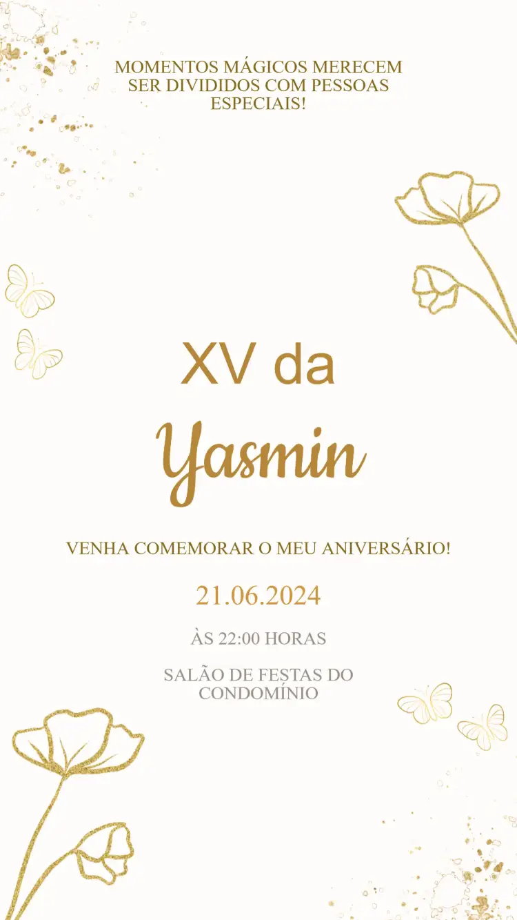 Convite Convite Aniversário 15 Anos – tema 15 anos moderno, elegante, dourado, floral, minimalista, vintage