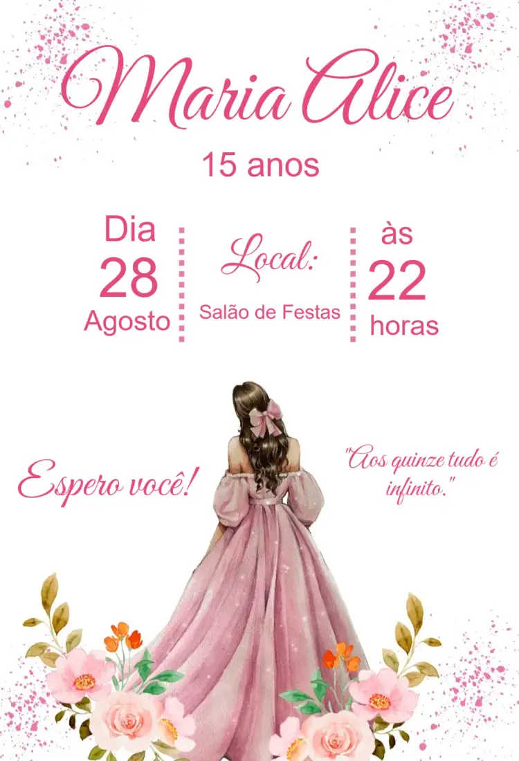 Convite Convite aniversário 15 anos – tema 15 anos rosa, elegante, moderno, floral, glamouroso