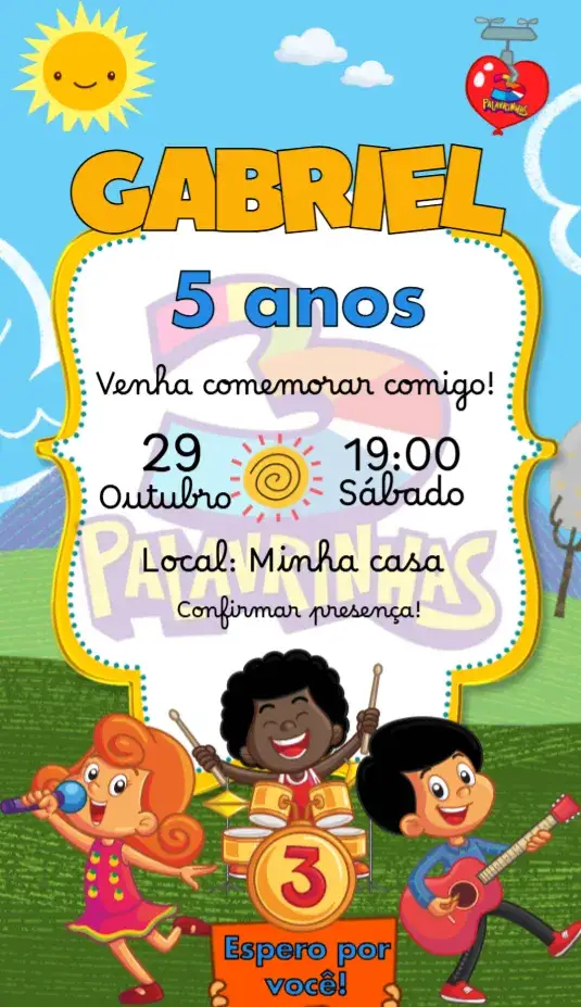 Invitación Convite aniversário 3 palavrinhas para editar – tema Aniversário Infantil divertido, colorido, lúdico, moderno, alegre