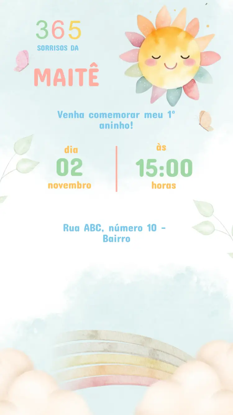 Convite Convite Aniversário 365 Sorrisos – tema Aniversário Infantil cores vibrantes, elementos lúdicos, estilo divertido, tema de sorrisos, design alegre, inspirado na infância