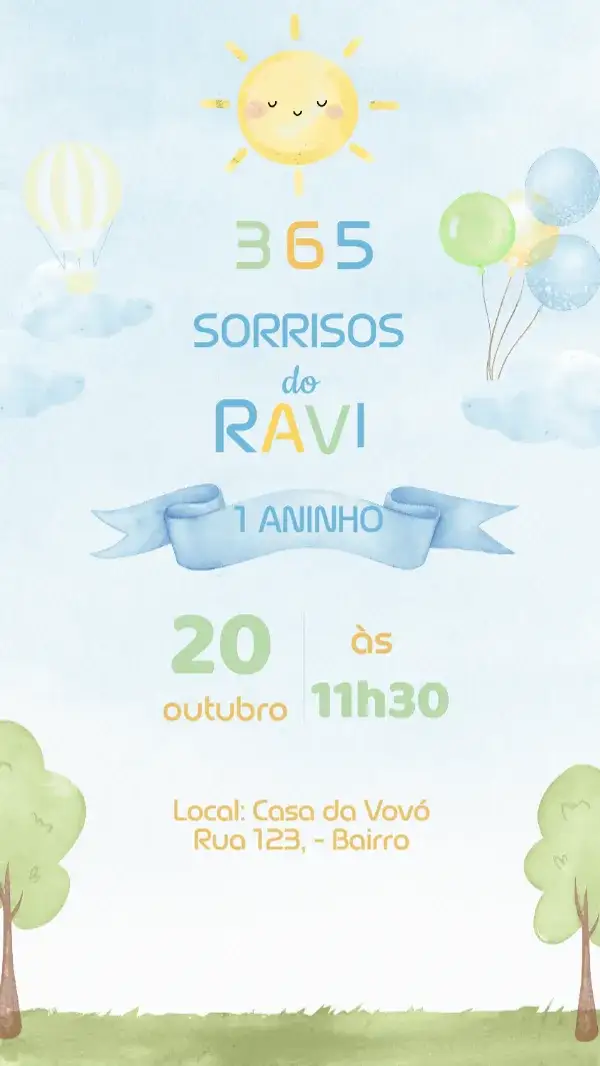 Convite Convite Aniversário 365 Sorrisos – tema Aniversário Infantil colorido, divertido, moderno, ilustrações infantis, alegre, brincalhão