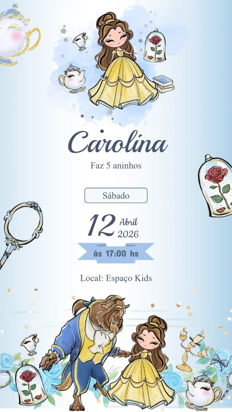 Convite Convite Aniversário a Bela e a Fera – tema Aniversário Infantil cores vivas, elementos de conto de fadas, estilo lúdico, ilustrações encantadoras, design festivo
