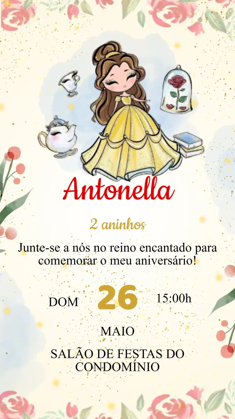 Convite Convite Aniversário A Bela e a Fera – tema Aniversário Infantil romântico, mágico, colorido, clássico, infantil, encantado