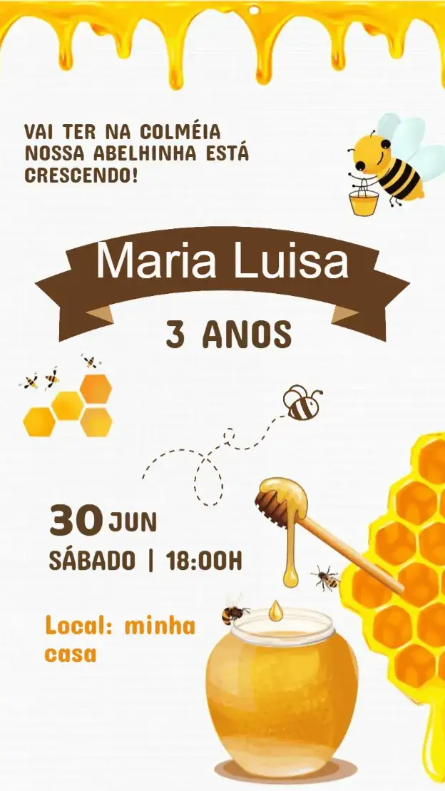 Convite Convite Aniversário Abelhinhas – tema Aniversário Infantil colorido, lúdico, ilustrações de abelhas, natureza, divertido, brincalhão