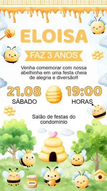 Convite Convite Aniversário Abelinhas – tema Aniversário Infantil cores vibrantes, estilo lúdico, elementos florais, gráficos divertidos, tema abelhas, design alegre