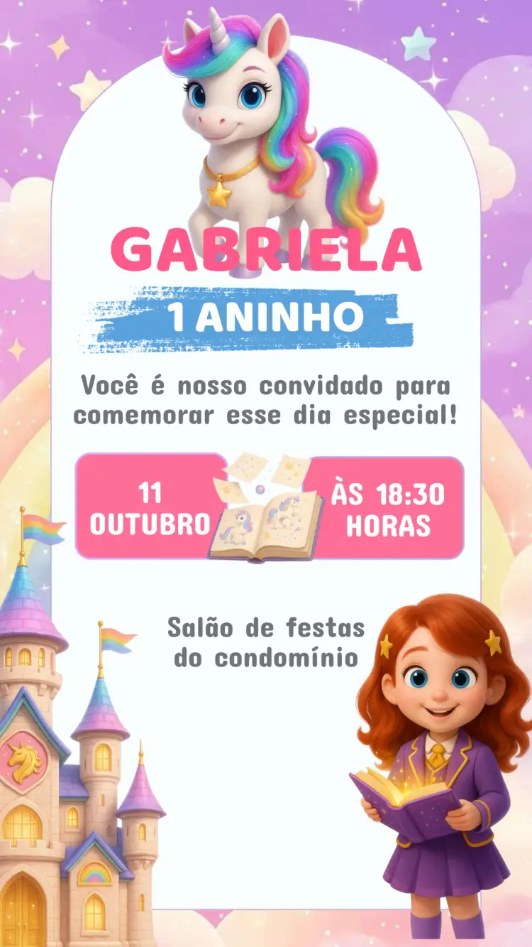 Convite Convite Aniversário Academia Unicórnio – tema Aniversário Infantil cores pastel, estilo lúdico, elementos de fantasia, brilho e glitter, ilustrações fofas
