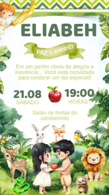 Convite Convite Aniversário Adão e Eva no Jardim do Éden – tema Aniversário Infantil natural, colorido, lúdico, infantil, temático, vibrante