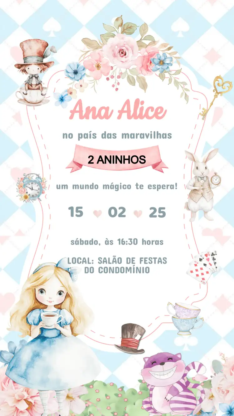 Convite Convite Aniversário Alice no País das Maravilhas – tema Aniversário Infantil colorido, lúdico, fantasioso, ilustrações de conto de fadas, estilo vintage, elementos gráficos divertidos