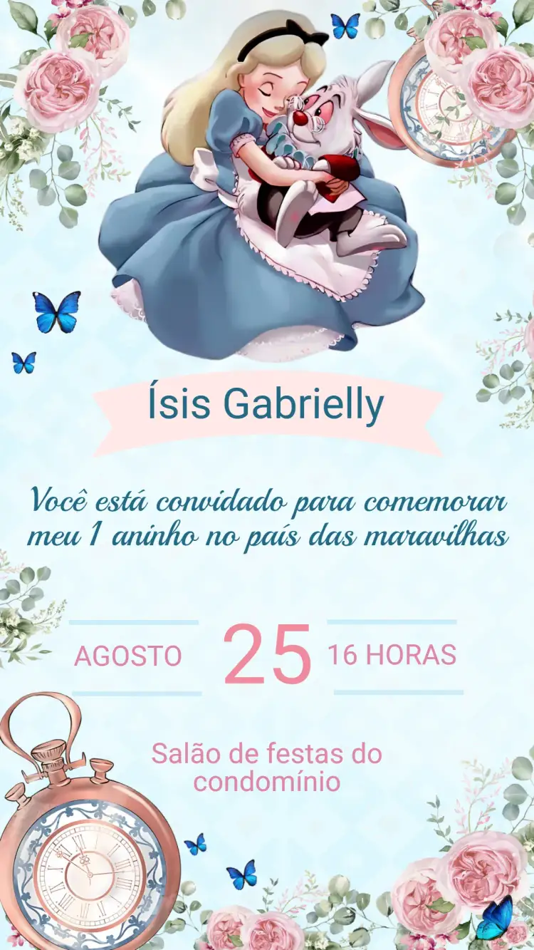 Convite Convite Aniversário ALICE PAÍS DAS MARAVILHAS – tema Aniversário Infantil mágico, colorido, lúdico, fantasia, infantil