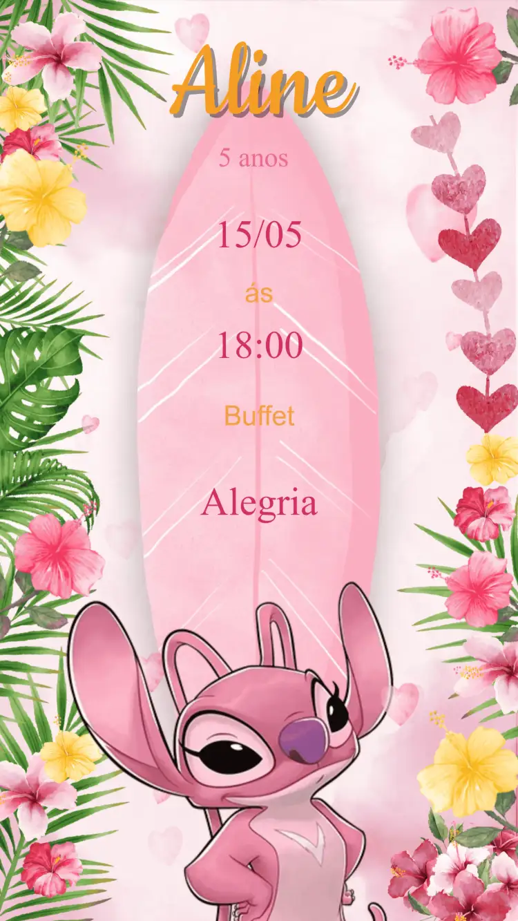 Convite Convite Aniversário Angel – tema Aniversário Infantil tropical, personagem, floral