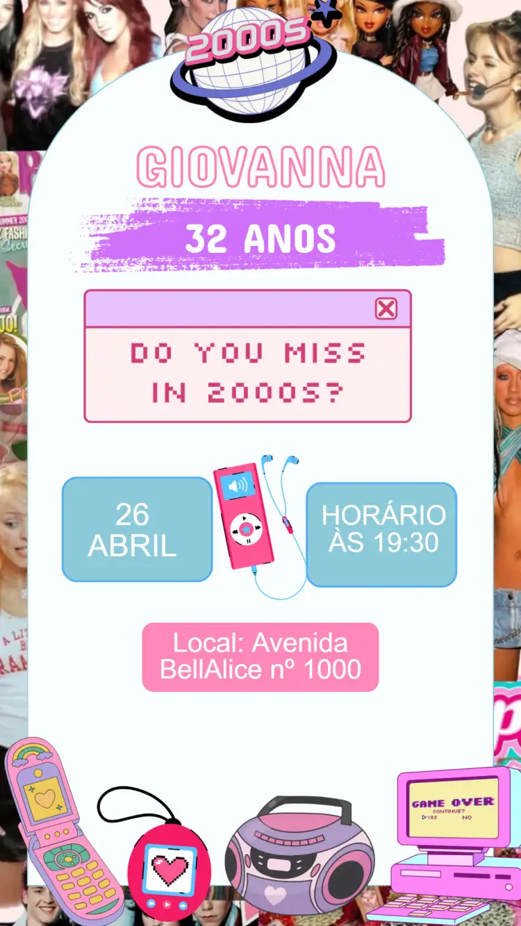 Convite Convite Aniversário Anos 2000 – tema Aniversário colorido, vintage, divertido, nostálgico, jovem, festa temática