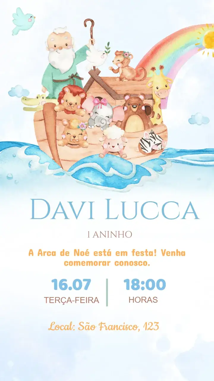 Convite Convite Aniversário Arca de Noé – tema Aniversário Infantil vibrante, colorido, divertido, ilustrações de animais, estilo infantil, temática de aventura