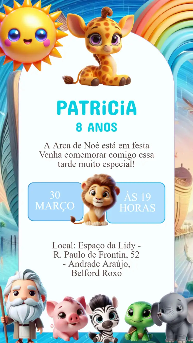 Convite Convite Aniversário Arca de Noé – tema Aniversário Infantil colorido, divertido, lúdico, animal print, vibrante, infantil