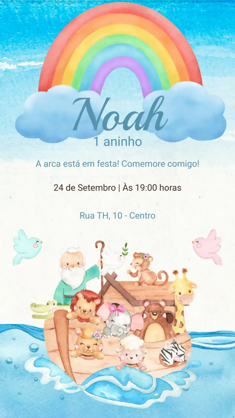 Convite Convite Aniversário Arca de Noé – tema Aniversário Infantil colorido, lúdico, animais, natureza, infantil, divertido