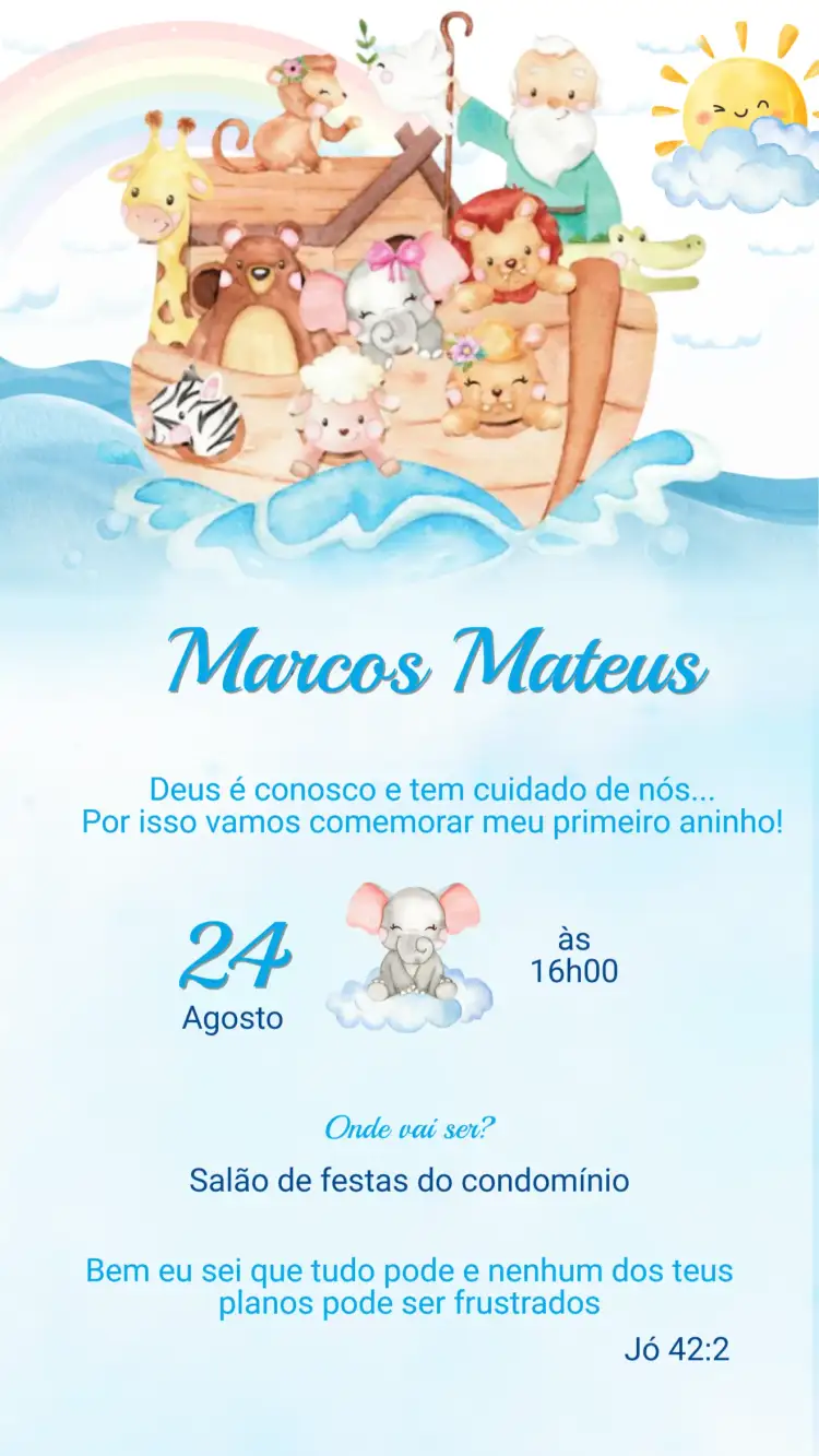 Convite Convite Aniversário ARCA DE NOÉ – tema Aniversário Infantil vibrante, lúdico, colorido, divertido, animais, marítimo