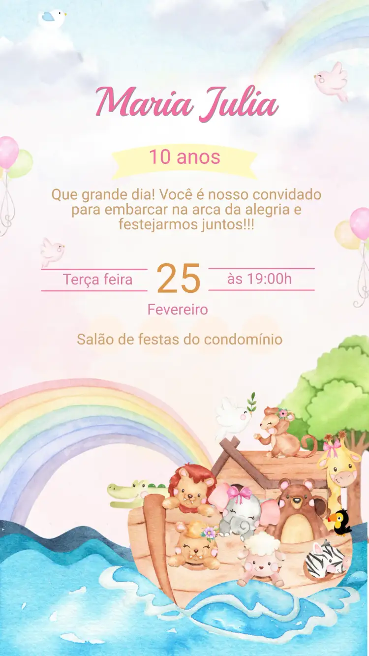 Convite Convite Aniversário ARCA DE NOÉ – tema Aniversário Infantil colorido, lúdico, ilustrações de animais, estilo divertido, tema de aventura, gráficos alegres