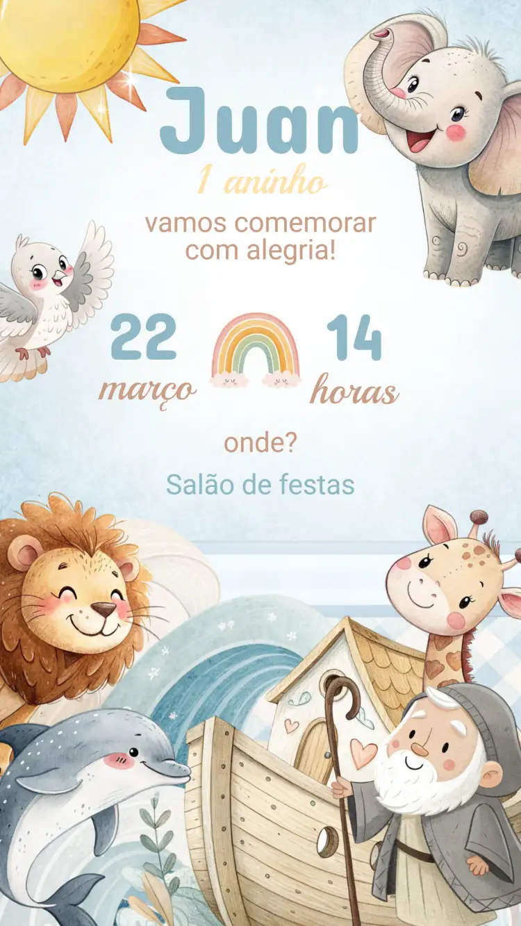 Convite Convite Aniversário Arca de Noé – tema Aniversário Infantil colorido, divertido, ilustrações de animais, estilo lúdico, natureza, infantil