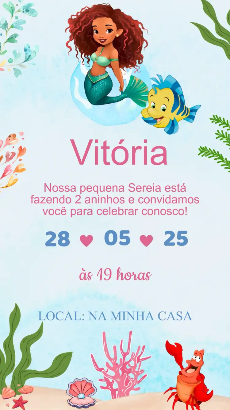 Convite Convite Aniversário Ariel Pequena Sereia Princesa – tema Aniversário Infantil temática oceânica, cores vibrantes, elementos subaquáticos, fantasia, estilo Disney