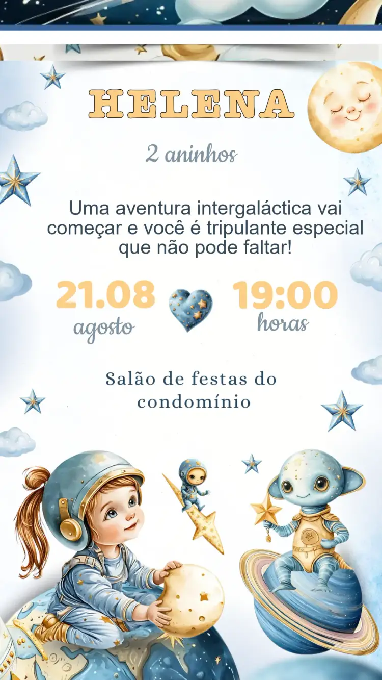 Convite Convite Aniversário Astronauta – tema Aniversário Infantil espaço, colorido, divertido, moderno, ilustrações