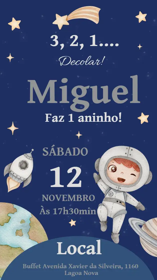 Invitación Convite Aniversário Astronauta – tema Aniversário Infantil espacial, colorido, divertido, moderno, infantil
