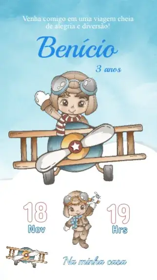 Convite Convite Aniversário Aviador – tema Aniversário Infantil avião, nuvens, azul e branco, estilo vintage, ilustrações divertidas, elementos gráficos de aviação