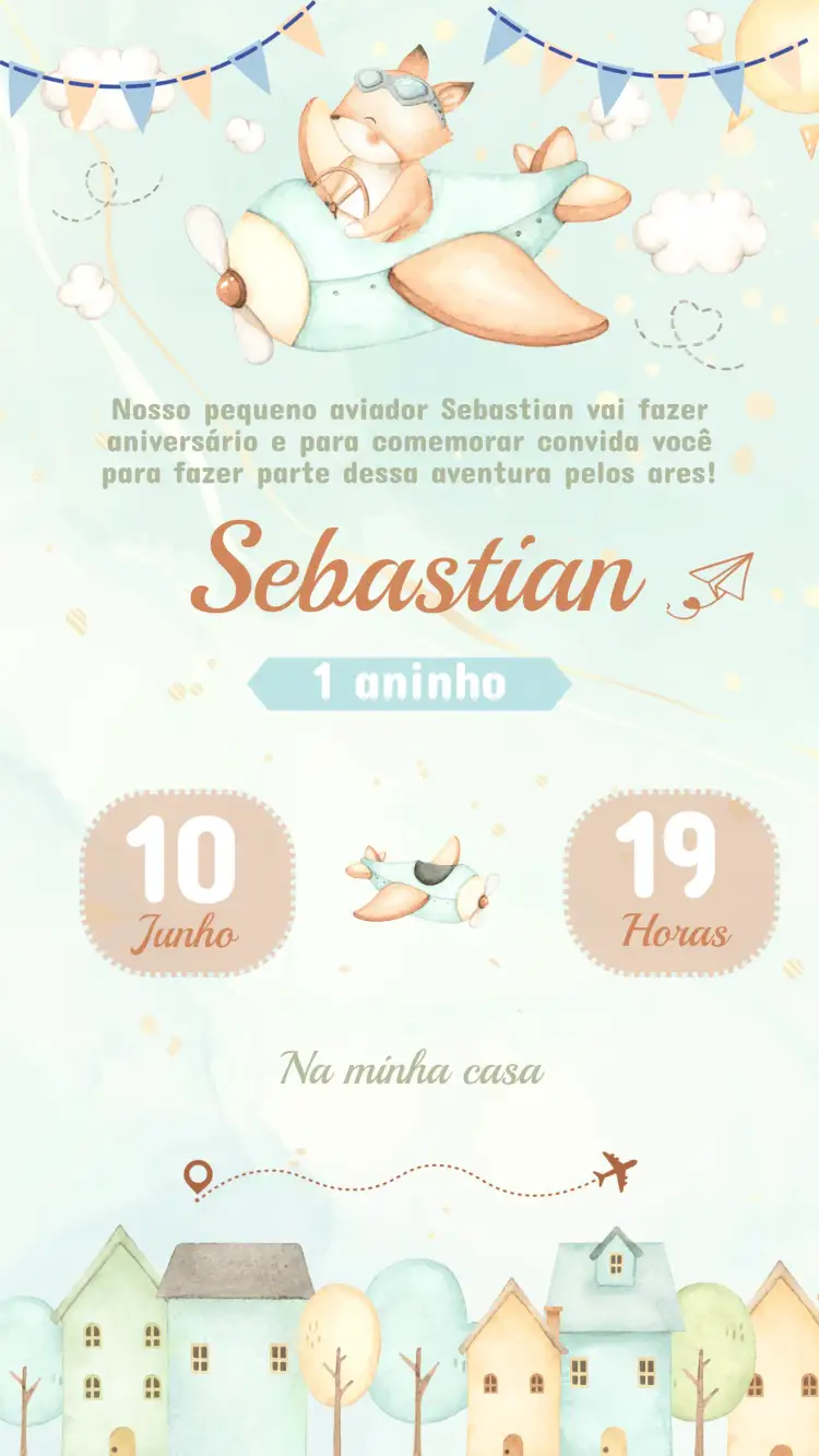 Convite Convite Aniversário Aviador – tema Aniversário Infantil aviador, nuvens, azul e branco, ilustrações divertidas, estilo vintage, aventura