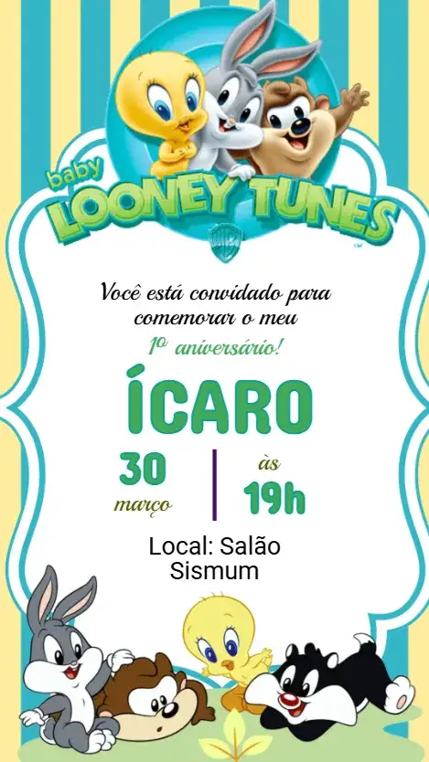 Convite Convite Aniversário Baby Looney Tunes – tema Aniversário Infantil colorido, lúdico, divertido, infantil, temático
