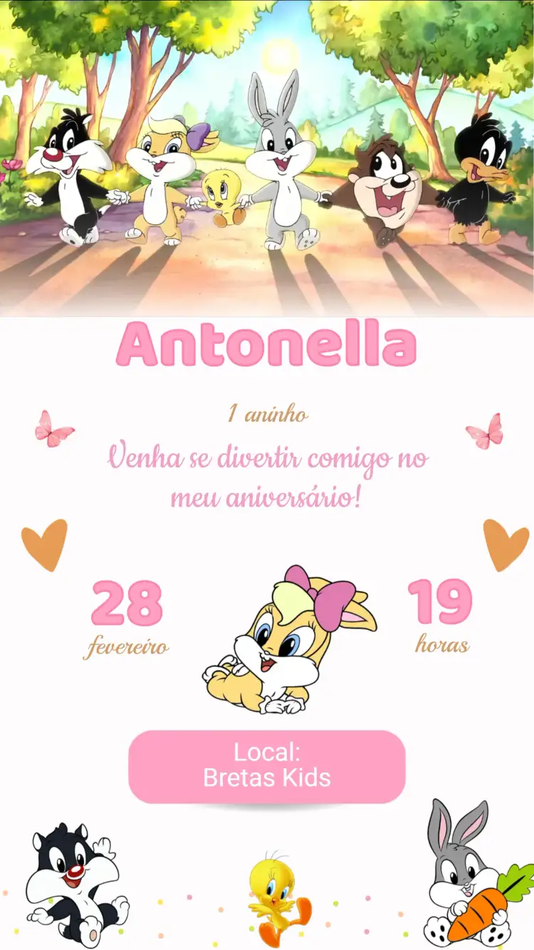 Convite Convite Aniversário Baby Looney Tunes – tema Aniversário Infantil colorido, divertido, lúdico, infantil, animado