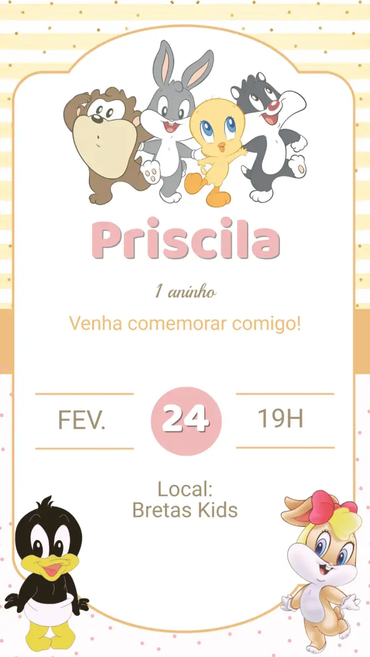 Convite Convite Aniversário Baby Looney Tunes – tema Aniversário Infantil colorido, divertido, lúdico, temático, animado