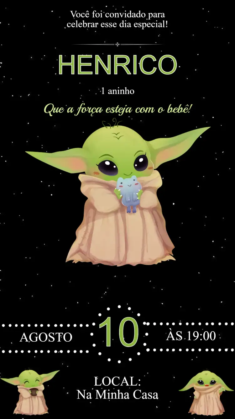 Convite Convite Aniversário Baby Yoda – tema Aniversário Infantil Espacial, Bebê alienígena
