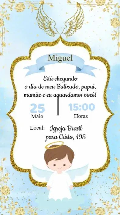 Convite Convite Aniversário Batizado – tema Batizado azul e branco, tema nuvem, estilo minimalista, elementos lúdicos, design moderno, detalhes em dourado