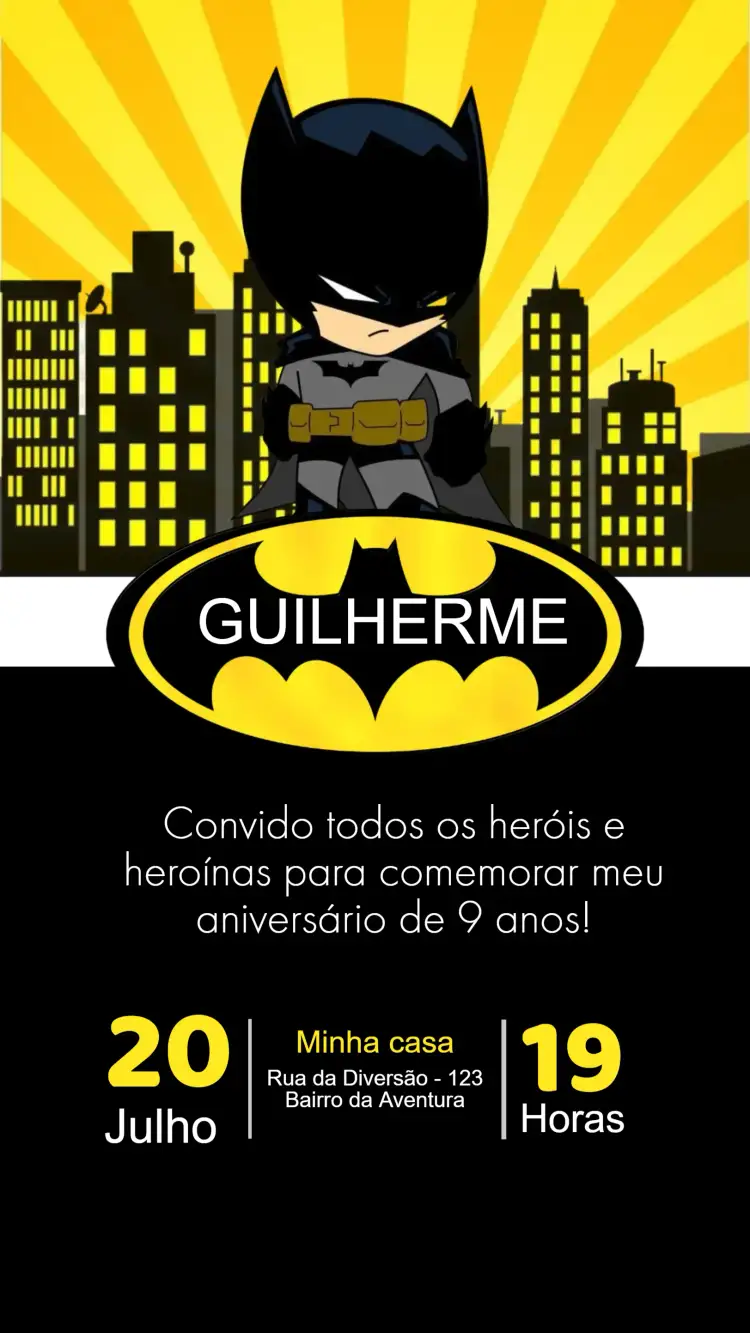 Convite Convite Aniversário Batman – tema Aniversário Infantil temática de super-heróis, cores vibrantes, ilustrações de quadrinhos, estilo urbano, detalhes em preto e amarelo, elementos de aventura