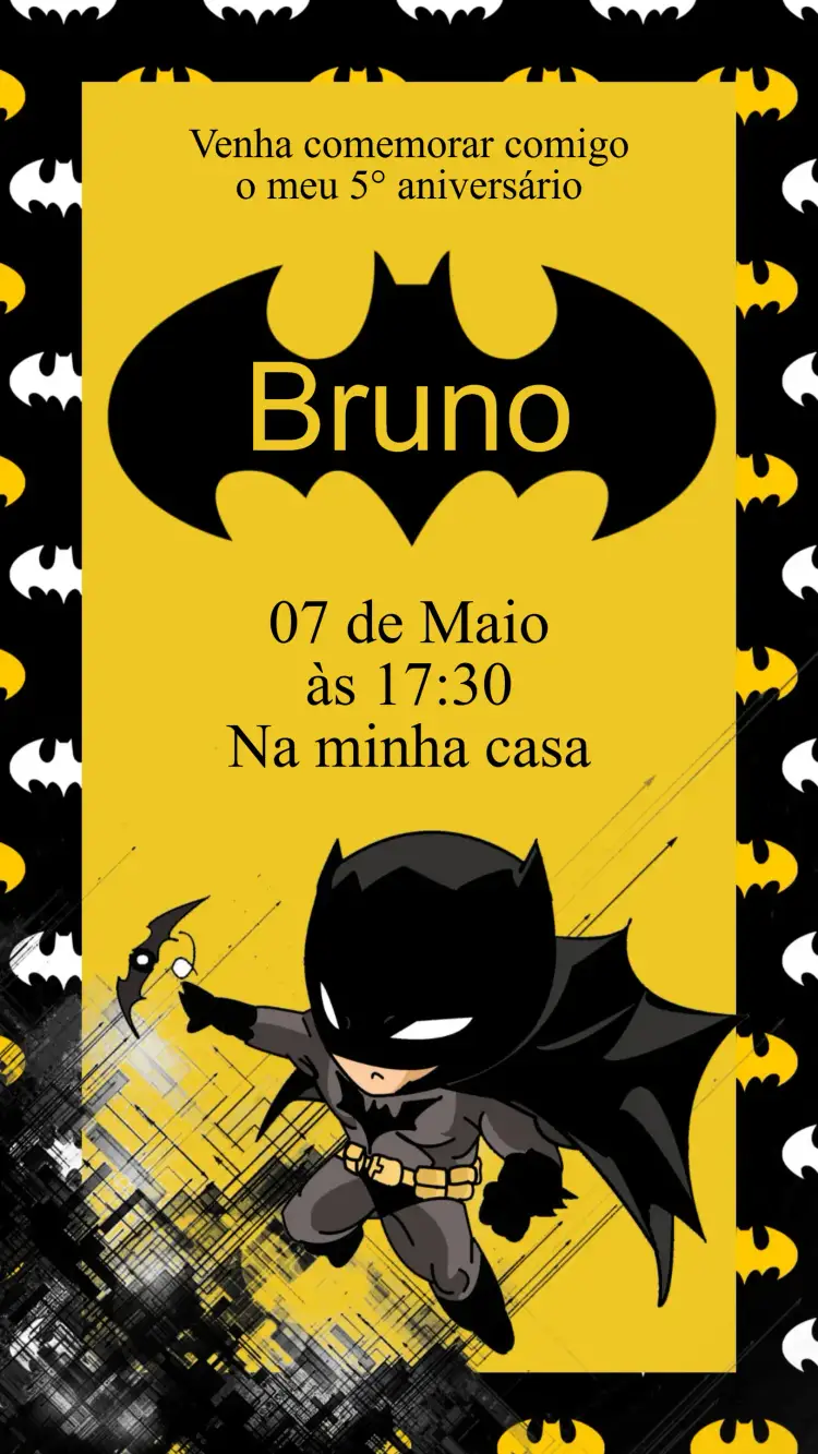 Convite Convite Aniversário Batman – tema Aniversário Infantil cores escuras, estilo quadrinhos, elementos gráficos de super-heróis, design divertido, atmosfera de aventura