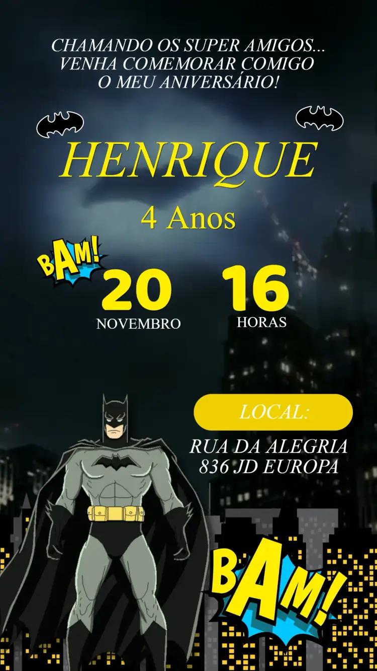 Convite Convite Aniversário Batman – tema Aniversário Infantil sombrio, moderno, quadrinhos, estilo urbano, aventura, temática