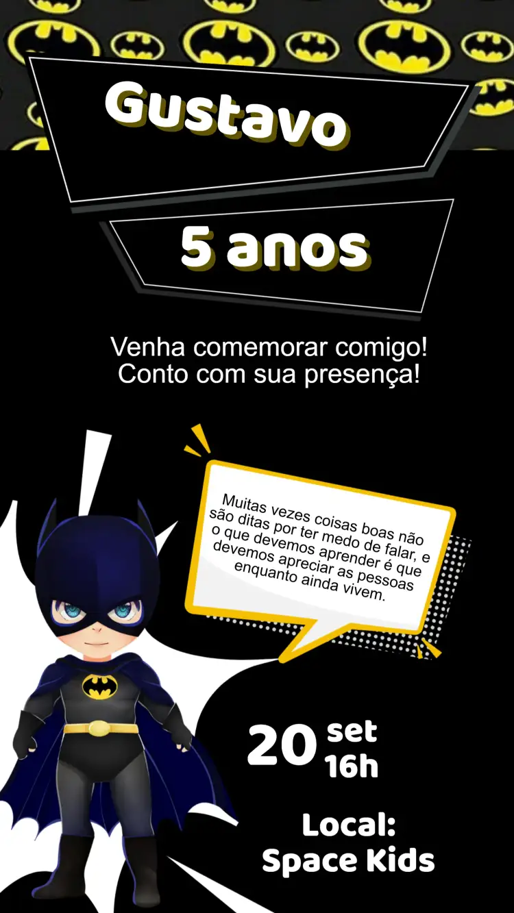 Convite Convite Aniversário Batman – tema Aniversário Infantil temática de super-heróis, cores vibrantes, estilo quadrinhos, elementos de aventura, design moderno
