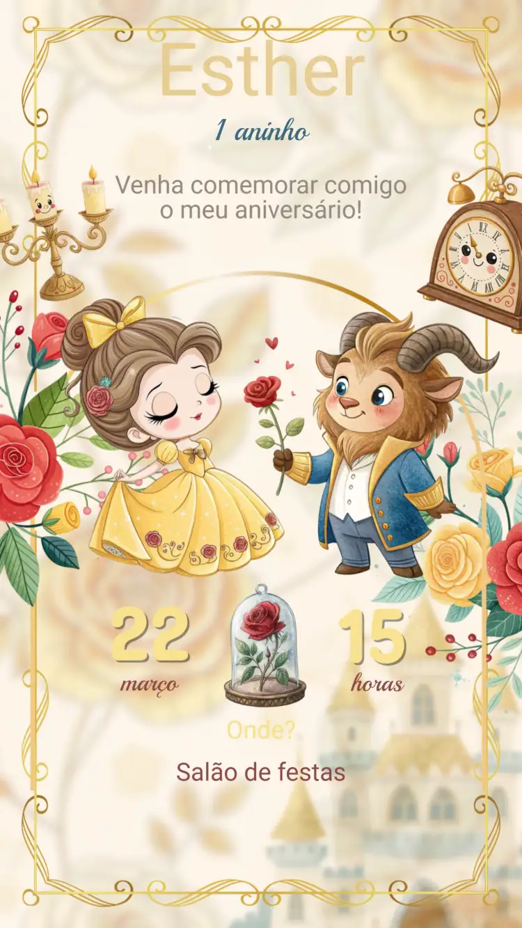 Convite Convite Aniversário Bela e a Fera – tema Aniversário Infantil cores suaves, elementos gráficos de conto de fadas, estilo encantador, ilustrações coloridas, tema mágico