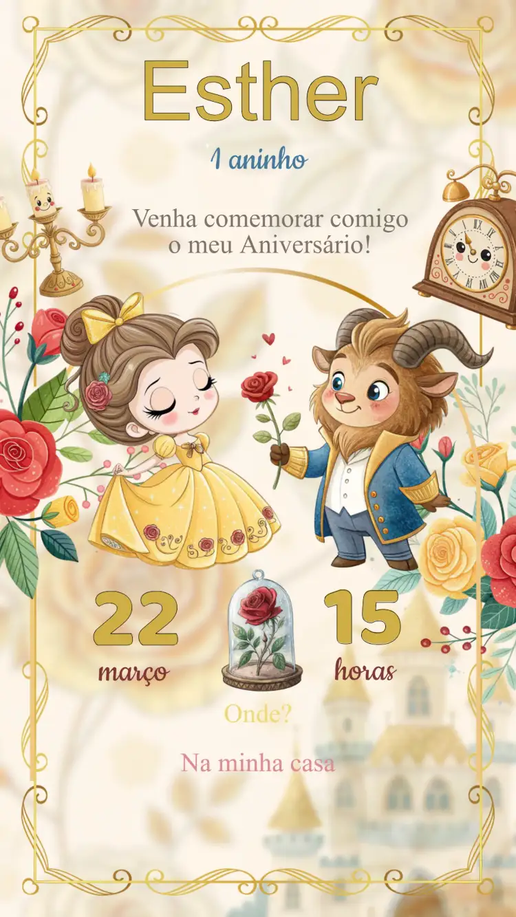 Convite Convite Aniversário Bela e a Fera – tema Aniversário Infantil cores vibrantes, estilo de conto de fadas, elementos gráficos lúdicos, ilustrações encantadoras, design divertido, tema mágico