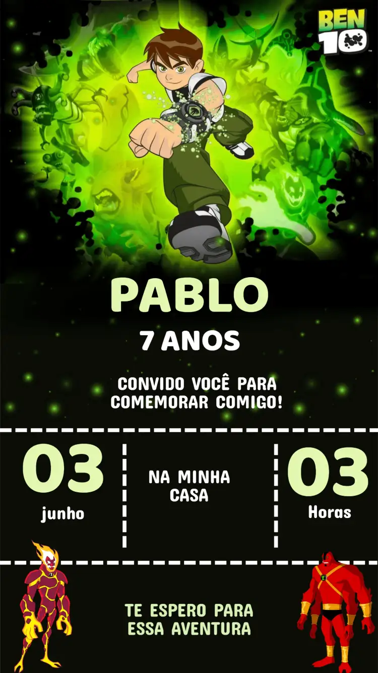 Convite Convite Aniversário Bem 10 – tema Aniversário Infantil colorido, divertido, infantil, moderno, aventura