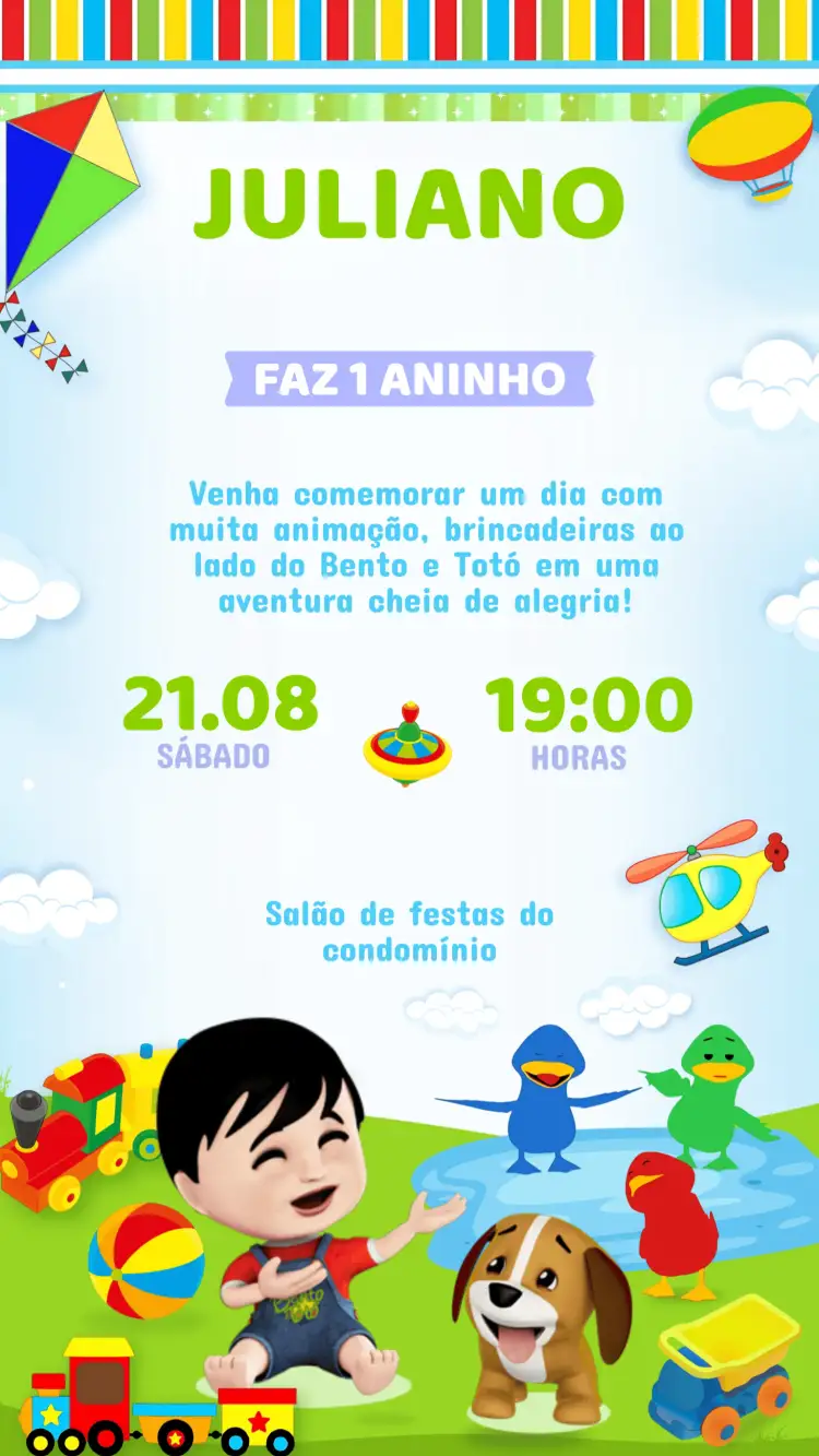 Convite Convite Aniversário Bento e Totó – tema Aniversário Infantil colorido, lúdico, divertido, infantil, alegre, moderno
