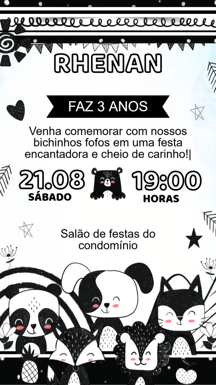 Convite Convite Aniversário Black Pets – tema Aniversário Infantil colorido, divertido, moderno, animal print, ilustrações de pets, estilo lúdico