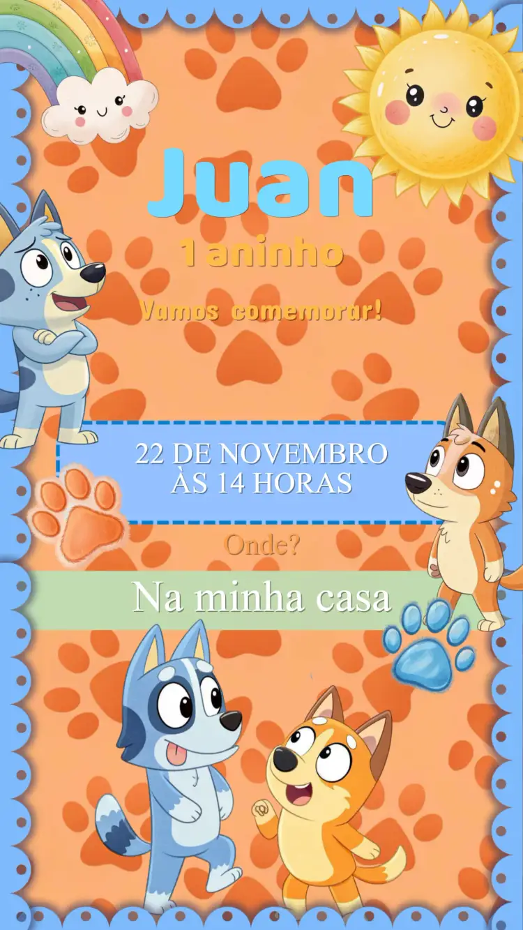 Convite Convite Aniversário Bluey – tema Aniversário Infantil colorido, divertido, infantil, animado, brincalhão
