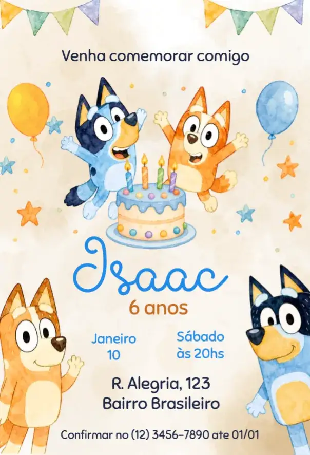 Convite Convite Aniversário Bluey e Bingo Aquarelado – tema Aniversário Infantil aquarelado, colorido, divertido, infantil, animado