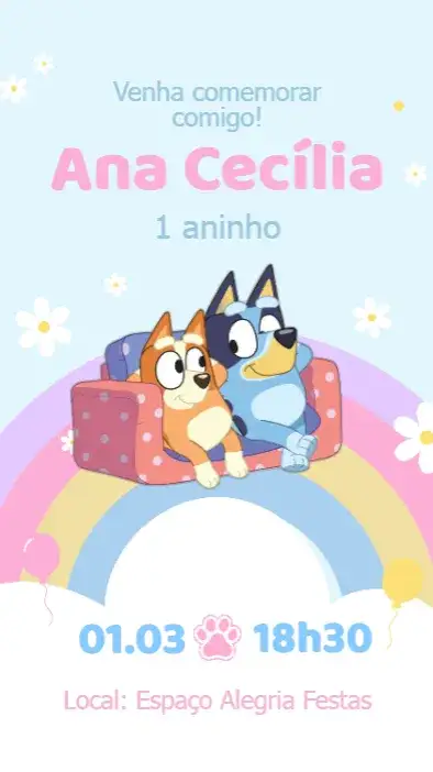 Convite Convite Aniversário Bluey – tema Aniversário Infantil cores vibrantes, estilo lúdico, personagens animados, design infantil, tema de festa, elementos divertidos