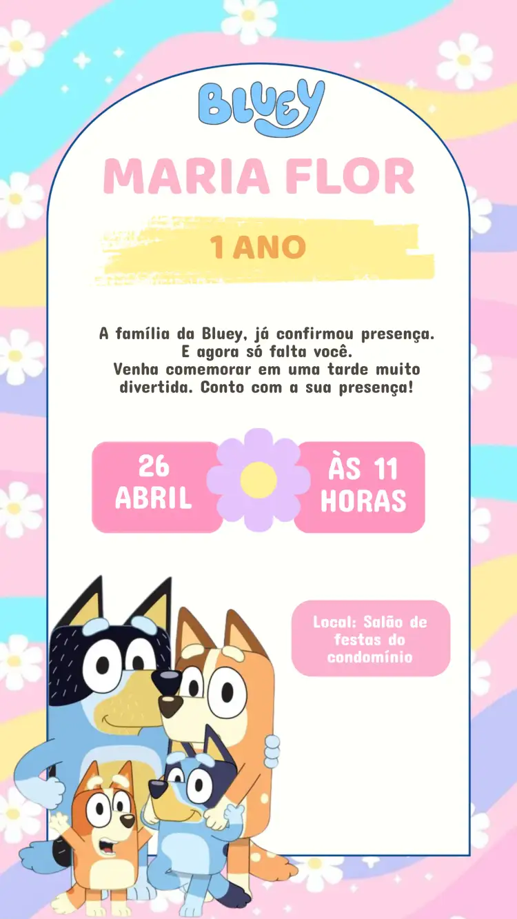 Convite Convite Aniversário Bluey Menina – tema Aniversário Infantil colorido, divertido, lúdico, animado, infantil
